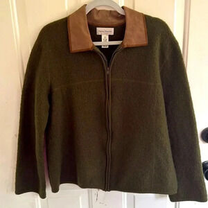 Rena Rowan Women’s 100% Wool Full Zip Jacket Size Xl Green elbow patches